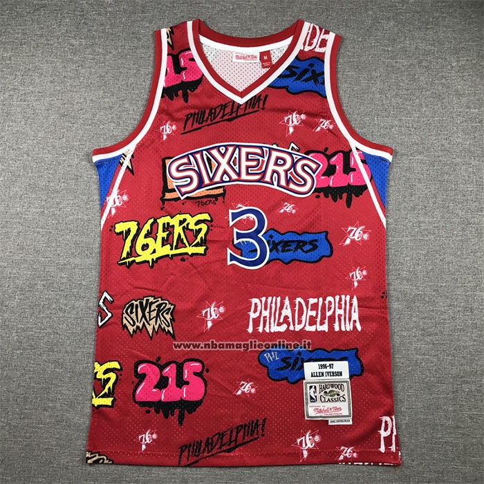Maglia Philadelphia 76ers Allen Iverson #3 Slap Sticker Mitchell & Ness 1996-97 Rosso